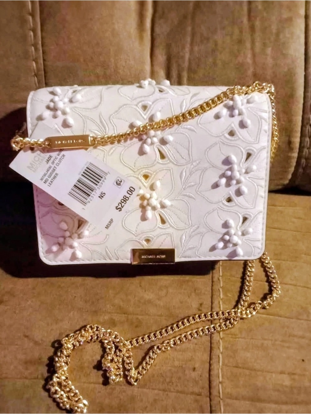 Michael Kors Jade Medium Gusset Blush Pink Gold Chain Beads Crossbody Handbag